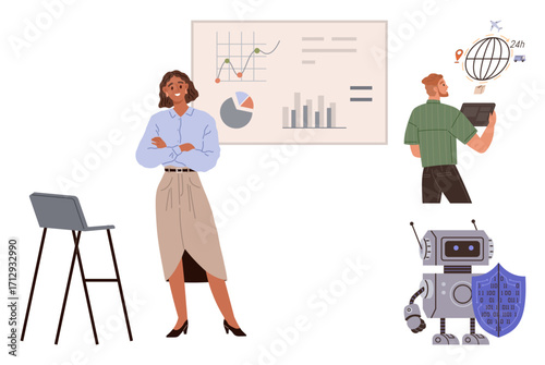 Professional woman with charts, man reviewing global data on tablet, AI robot with a security shield. Ideal for business growth, data analysis, technology, cybersecurity, global strategy, innovation