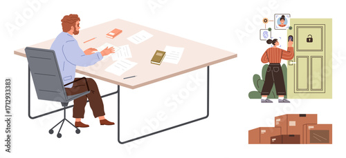 Man seated organizing paperwork on desk woman interacting with smart lock and security interface by door stack of cardboard boxes in foreground. Ideal for remote work, office setup, security
