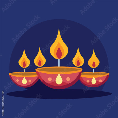 Traditional Oil Lamps with Burning Flames on Blue Background – Diwali Festival Illustration