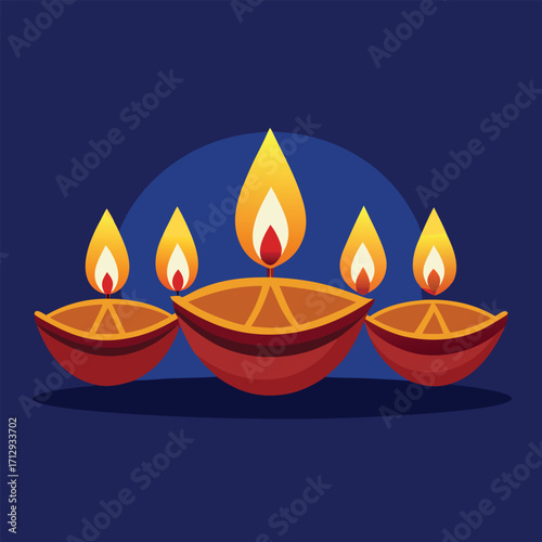 Traditional Oil Lamps with Burning Flames on Blue Background – Diwali Festival Illustration