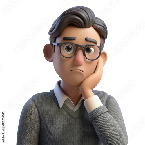 3d sad cartoon man with glasses isolated on transparent background
