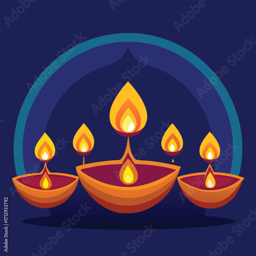 Traditional Oil Lamps with Burning Flames on Blue Background – Diwali Festival Illustration