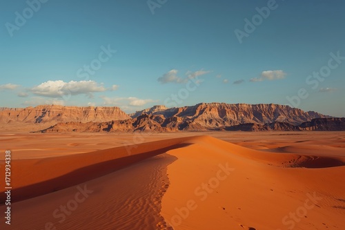 Fototapeta Naklejka Na Ścianę i Meble -  Expansive red dunes spread wide beneath rugged mountain peaks under a bright blue sky. A photo capturing the barren beauty of the sandy wilderness.