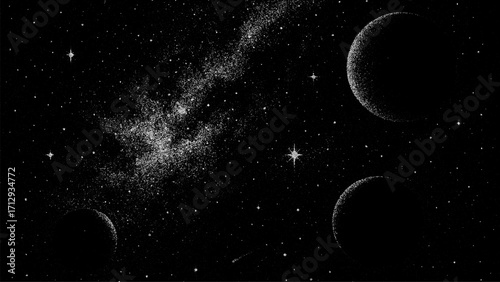 Grainy black and white universe illustration with planets, stars, and milky way. Outer space background. Cosmic adventure concept for science material.