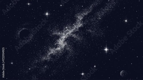 Dark space with many white dots forming a milky way like structure. Galaxy background with planet and stars, cosmic illustration for science.