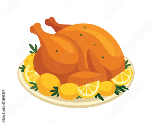 Roast turkey on platter with potatoes and lemon - flat vector illustration of whole baked poultry, traditional festive dish, tasty holiday food. Vector isolated on white background.