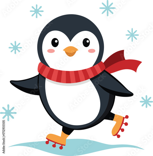 Cute cartoon penguin wearing a scarf and rollerblading on ice