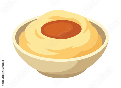 Mashed potatoes with gravy in bowl - flat vector illustration of creamy potato puree, traditional side dish. Vector isolated on white background.