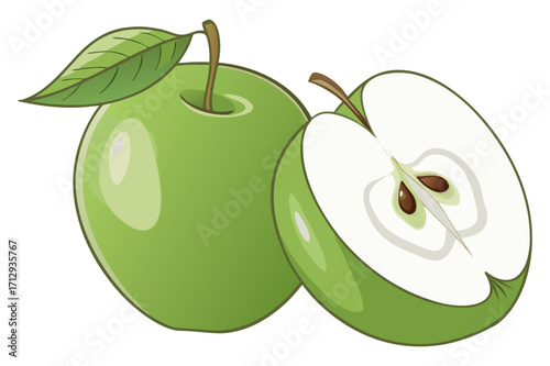 Fresh Green Apple with Leaf and Half Slice Vector Illustration

