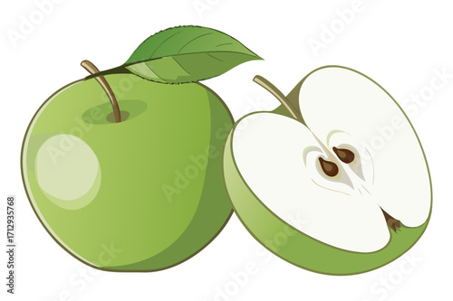 Fresh Green Apple with Leaf and Half Slice Vector Illustration
