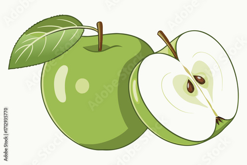 Fresh Green Apple with Leaf and Half Slice Vector Illustration
