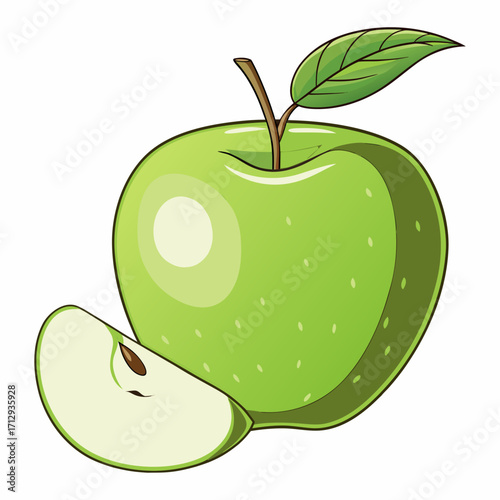 Fresh Green Apple with Leaf and Slice Vector Illustration
