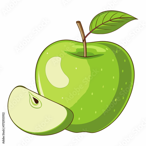Fresh Green Apple with Leaf and Slice Vector Illustration
