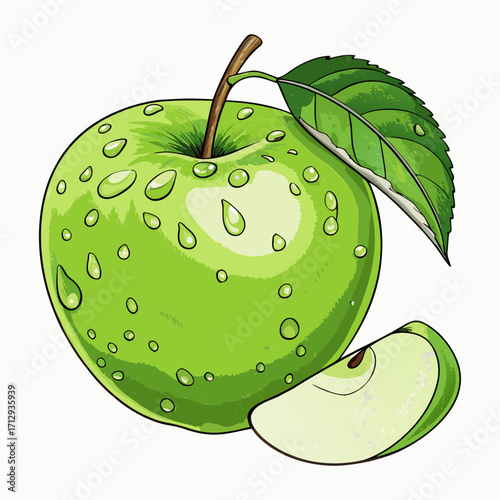 Juicy Green Apple with Leaf, Water Drops, and Slice Vector Illustration

