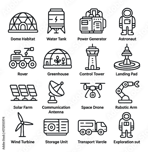 Space exploration icons: habitat, astronaut, rover, drone, robotic arm, wind turbine, greenhouse