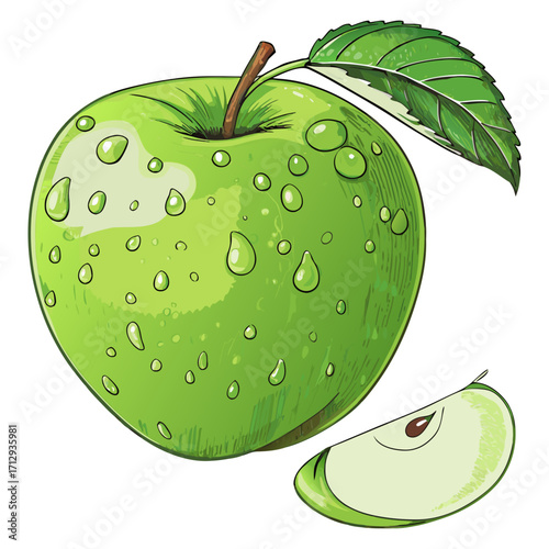Juicy Green Apple with Leaf, Water Drops, and Slice Vector Illustration

