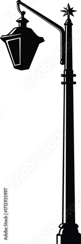 Vintage street lamp silhouette, classic lantern design, black and white illustration, urban decor, ornate pole, historical lighting, architectural element