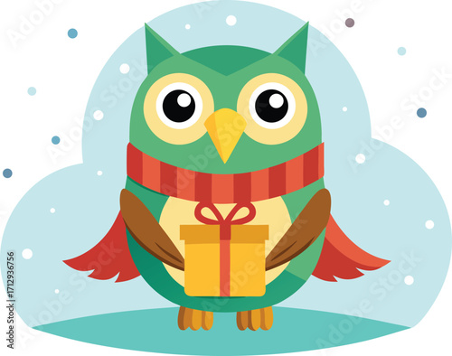 Cute green owl wearing a scarf holding a gift