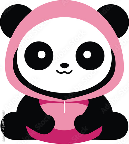 Cute cartoon panda wearing a pink hoodie sitting down