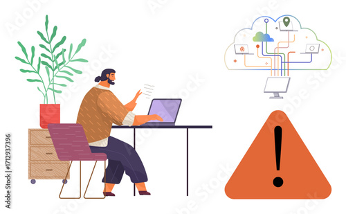 Person at desk using laptop, analyzing cloud network connections, with exclamation alert. Ideal for technology, remote work, data security, troubleshooting, cloud computing, risk management online