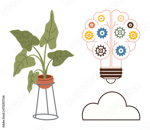 Potted green plant symbolizing growth beside a lightbulb with interconnected gears portraying innovation and ideas. Ideal for sustainability, creativity, technology, teamwork, ecology, strategy