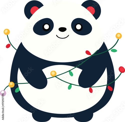 Cute panda wrapped in festive christmas lights
