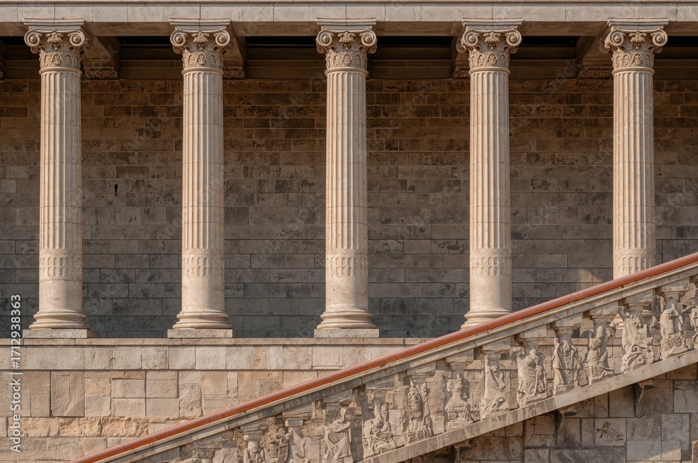 Naklejka premium Lateral perspective of an elegant corridor featuring multiple columns and a copper-hued stair railing in the foreground, showcasing patterns and abstract architectural design elements