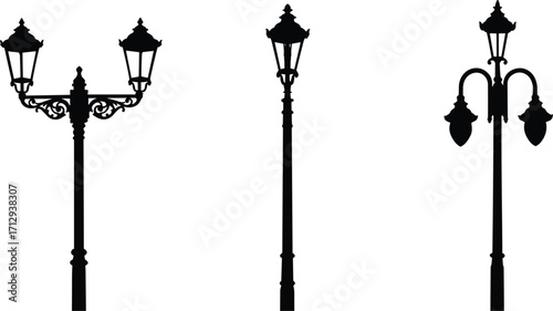 Vintage street lamp silhouettes, ornate lantern designs, black and white illustration, urban lighting styles, historical decor, architectural elements, outdoor icons