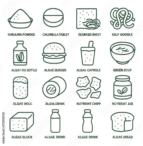 Various algae-based food and drink products icon set on green background