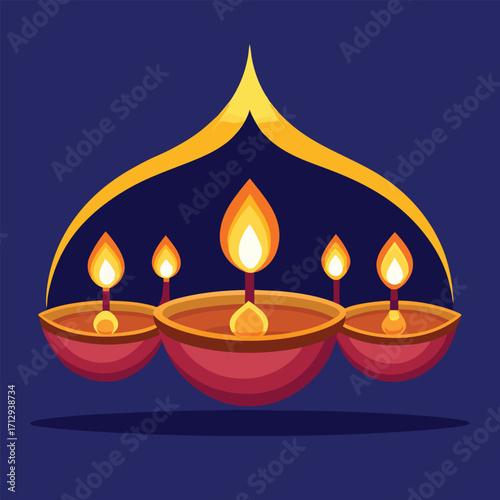 Traditional Oil Lamps with Burning Flames on Blue Background – Diwali Festival Illustration