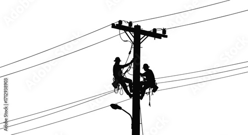 Utility workers on power pole, electrical maintenance silhouette, black and white illustration, energy infrastructure, safety gear, urban engineering, cable system