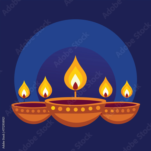 Traditional Oil Lamps with Burning Flames on Blue Background – Diwali Festival Illustration