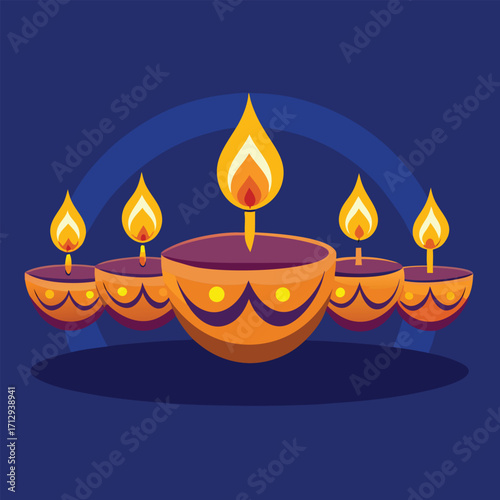 Traditional Oil Lamps with Burning Flames on Blue Background – Diwali Festival Illustration