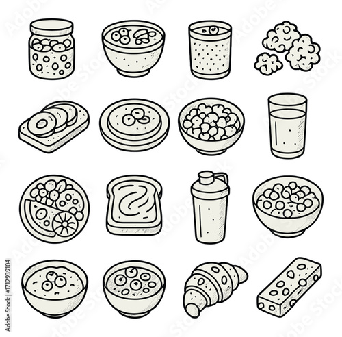 Hand-drawn breakfast items collection: cereal, toast, juice, croissant, yogurt