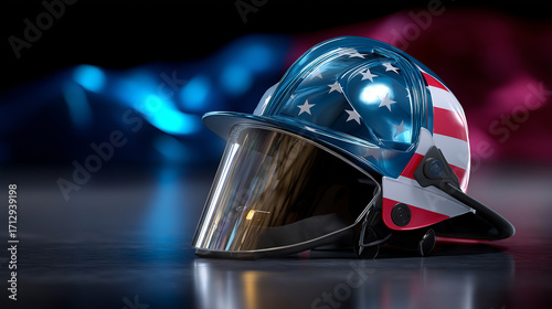 First responder helmet with American flag reflection, banner space above.