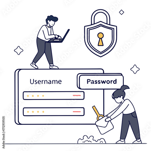 Digital security concept with people logging into an account and a padlock icon