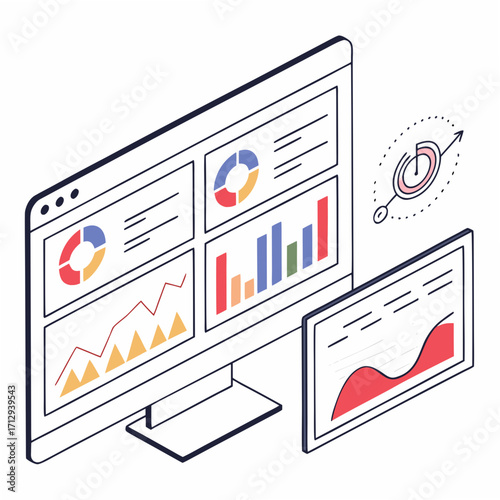 Isometric digital dashboard displaying various financial charts and graphs on a computer screen