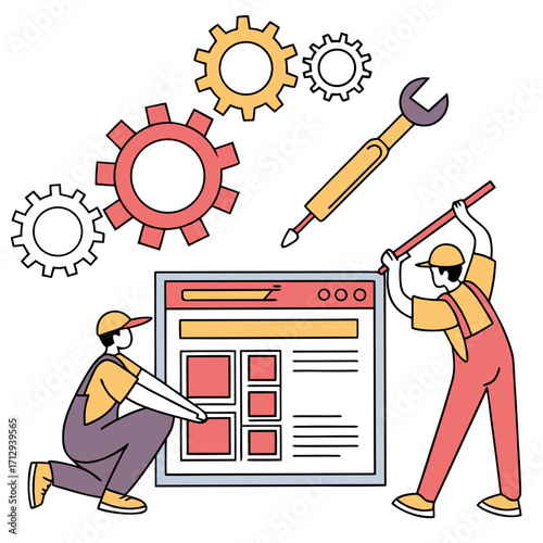 Two cartoon workers in overalls and caps building a website interface with gears and tools