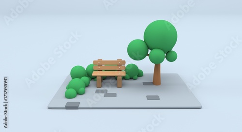 square bench, pole next to a wooden square bench with chrome details, background for pamphlet, banner and invitations (3d illustration)
