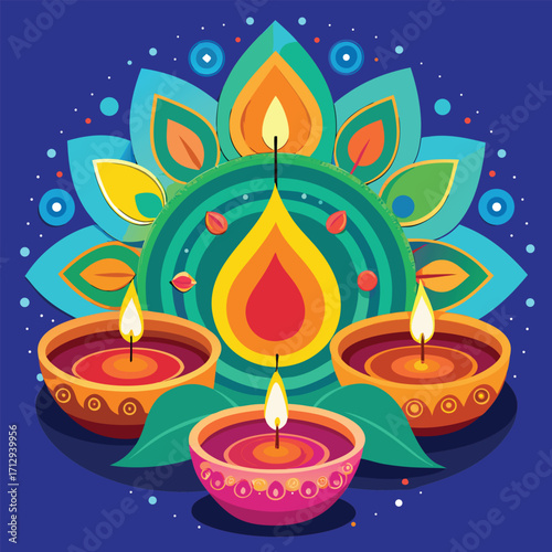 Traditional Diya Oil Lamps with Burning Flames on Dark Background – Diwali Festival Decoration
