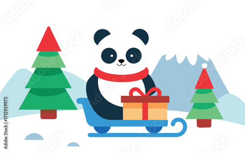Cute panda in a sleigh with a gift and christmas trees