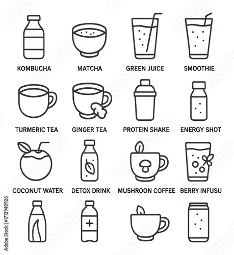 Variety of healthy beverages icons: kombucha, matcha, smoothies, teas, and juices