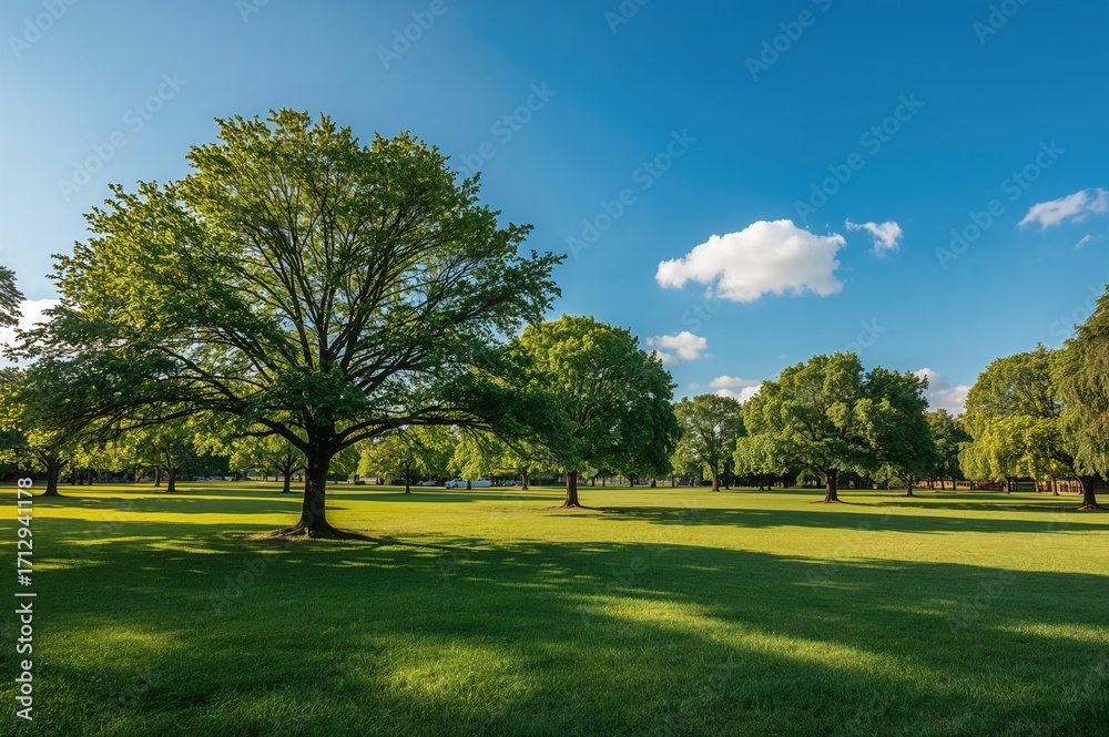 Naklejka premium On a bright day, the park features beautiful green trees and grass.