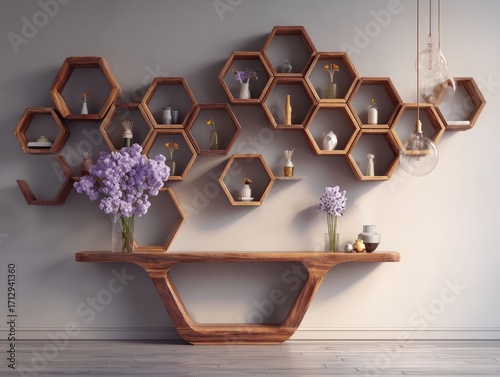 A modern wooden wall shelving unit with hexagonal compartments and a sculpted wooden console table, showcasing a bouquet of purple flowers.