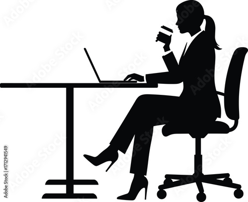 Woman at desk silhouette, laptop and coffee, black and white illustration, professional posture, remote work, business attire, modern workspace