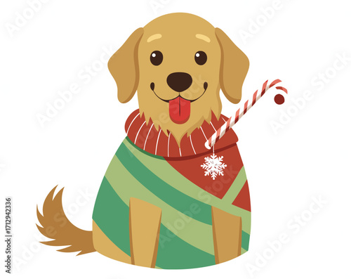 Cute golden retriever dog wearing a christmas sweater and holding a candy cane