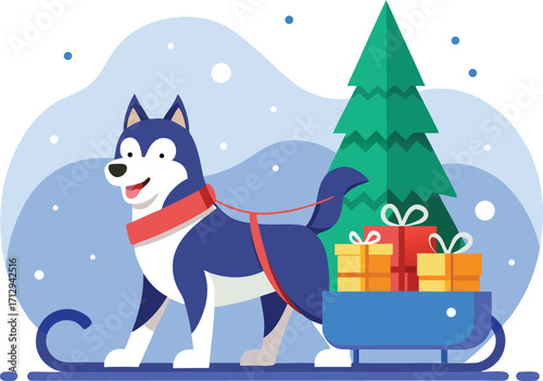 Husky dog pulling a sleigh full of christmas gifts