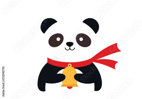 Cute cartoon panda wearing a red scarf holding a golden bell