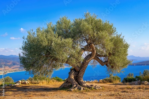 Olive tree set against a backdrop of sea and sky