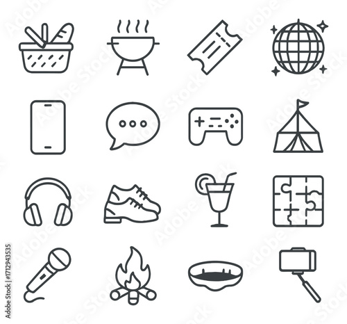 Icons of leisure and entertainment activities including barbecue and camping